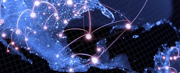 A detailed image of a secure, transparent supply chain network, emphasizing global connectivity and diversified routes with data flow lines, suggesting resilience and strategic management.