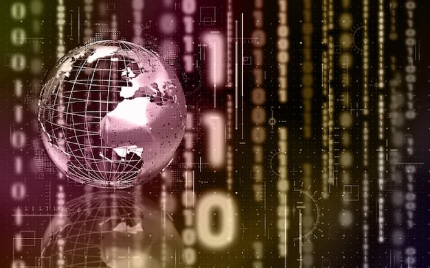 A digital representation of global cybersecurity, showing a network of encrypted data flowing between secure nodes, with protective shields and subtle threat indicators, symbolizing defense against cyber warfare.