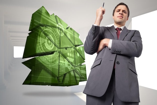 A businessman looking thoughtfully at a diagram showing intertwined concepts of regulations, sustainability, and business growth, suggesting strategic planning.