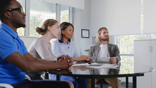 A diverse group of policymakers and healthcare professionals engaged in a rigorous debate in a modern, well-lit conference room. Whiteboards in the background show flowcharts and graphs related to healthcare economics and patient outcomes.