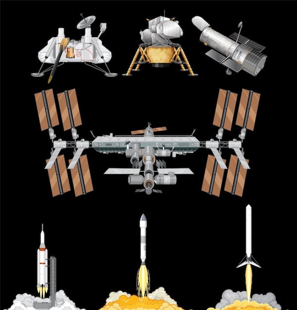 A detailed diagram showing the various components of the Artemis program, including the Space Launch System rocket, Orion capsule, lunar lander, and the Gateway station orbiting the Moon.
