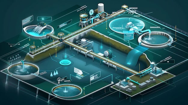 A detailed schematic of an advanced water treatment plant, showing filtration systems, pipes, and control panels. The image should convey precision and modern technology in water infrastructure.