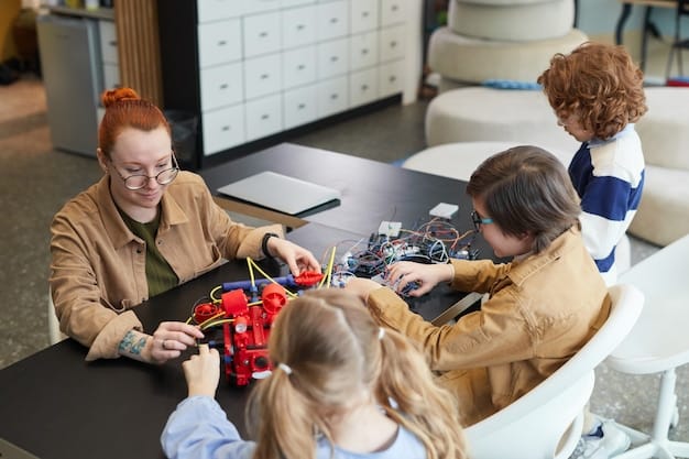 A teacher facilitating a small group of students engaged in a hands-on STEM project, promoting collaborative learning and critical thinking.
