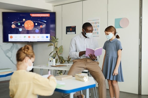 An educator using an interactive whiteboard with a group of diverse students, showcasing modern teaching tools and an engaged learning environment.