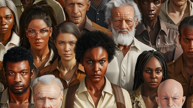 A diverse group of people, representing different ages and backgrounds, engaging with various AI interfaces like smart home devices and augmented reality glasses, symbolizing ethical interaction and inclusion in AI.