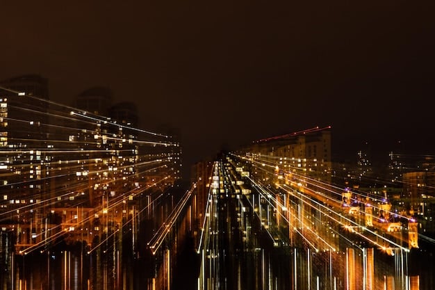 A futuristic cityscape at night, illuminated by networks of data pathways and holographic projections, with a focus on smart infrastructure and autonomous vehicles, illustrating AI's pervasive integration into urban daily life.