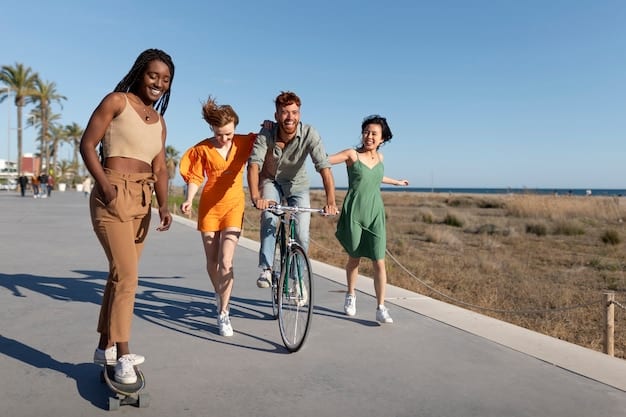 A diverse group of people engaged in various forms of physical activity outdoors, such as walking, jogging, and cycling, in a vibrant community park setting.