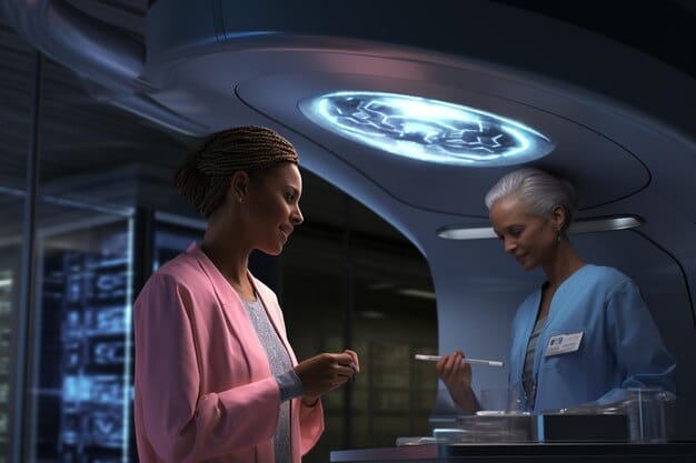 A diverse group of healthcare professionals collaboratively working on a digital interface, symbolizing the integration of technology and data in modern healthcare, with a futuristic, clean aesthetic.