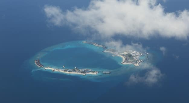 A satellite view of a naval exercise featuring US and Chinese warships operating at a distance in the open ocean, with subtle digital lines indicating overlapping spheres of influence and communication signals. The image conveys both military power and cautious interaction.