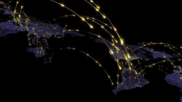 A detailed world map overlayed with glowing lines showing planned and existing routes of China's Belt and Road Initiative, with key strategic ports and economic zones highlighted. The map is in a modern, slightly futuristic style to convey a sense of global connectivity and ambition.