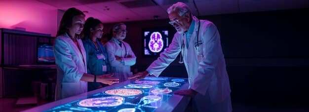 Scientists in a lab setting discussing genomic data on a large screen, symbolizing collaborative research in oncology.