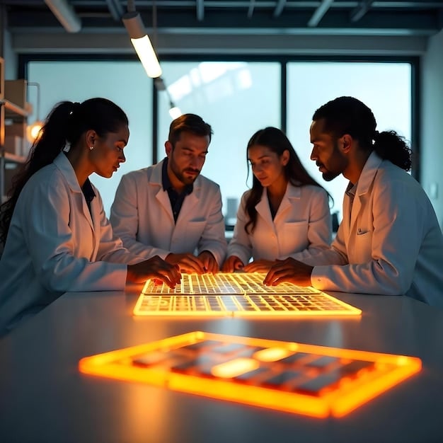 A group of diverse scientists in a state-of-the-art lab, engaged in focused collaborative research, surrounded by advanced equipment, symbolizing innovation.