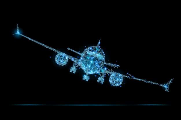 A sleek, modern aircraft with a translucent wing section, revealing glowing, self-repairing molecular structures within, symbolizing advanced aerospace materials. The scene is set against a clear blue sky.