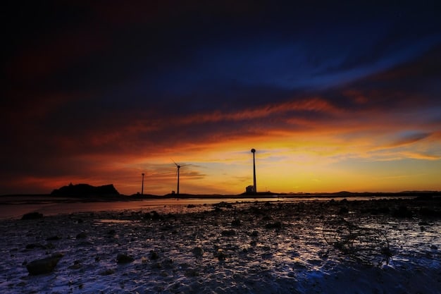 A vast offshore wind farm with numerous large wind turbines stretching across the horizon, as seen from a low angle, emphasizing their immense scale against a dramatic sunset.