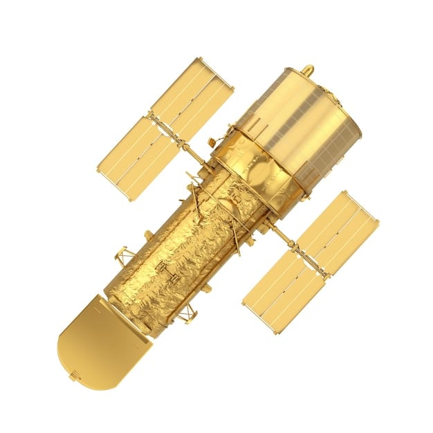 A detailed schematic of NASA's James Webb Space Telescope (JWST) in space, with its gold-plated mirrors reflecting starlight, illustrating its sophisticated instruments for exoplanet atmospheric analysis.