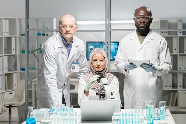 A diverse group of scientists in a modern laboratory, collaborating on advanced research, surrounded by high-tech equipment and showing a petri dish with cell cultures.