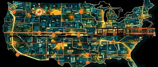 A map of the United States with hypothetical carbon capture facility locations and potential CO2 pipeline routes, illustrating the large-scale infrastructure required.
