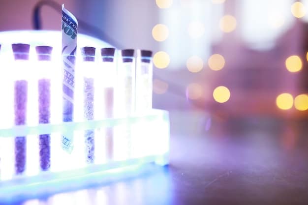 Scientist in a lab coat observing glowing samples in test tubes, with blurred genetic sequencing machines in the background.