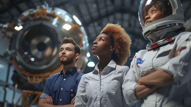 A diverse group of engineers and technicians from private aerospace companies collaborating with NASA officials in a cutting-edge laboratory, brainstorming designs for new deep space propulsion systems.