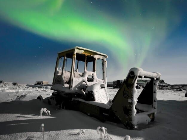 A robotic excavator and processing plant operating near a permanently shadowed lunar crater, extracting ice and producing resources, with a small habitat module visible in the background.
