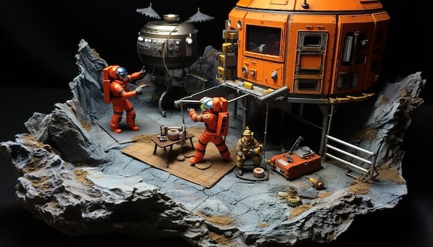 A detailed cutaway view of a modular lunar habitat, showing astronauts inside, with various life support systems, exercise equipment, and scientific instruments visible, implying a self-contained environment.