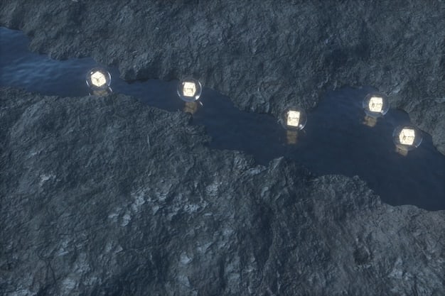 A stylized map highlighting the permanently shadowed regions (PSRs) and illuminated peaks at the Moon's South Pole, with overlaid scientific instruments and a small rover.