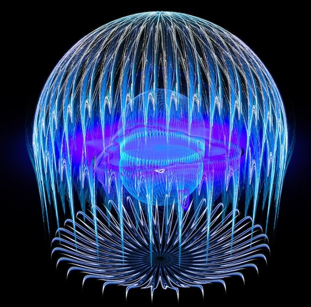 A stylized depiction of a spacecraft enveloped in shimmering electromagnetic fields, deflecting streams of cosmic rays.