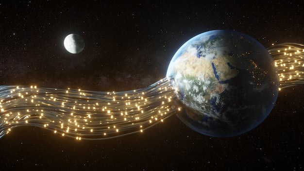 A detailed schematic of multiple small satellites orbiting Earth, connected by data streams, representing a large constellation.