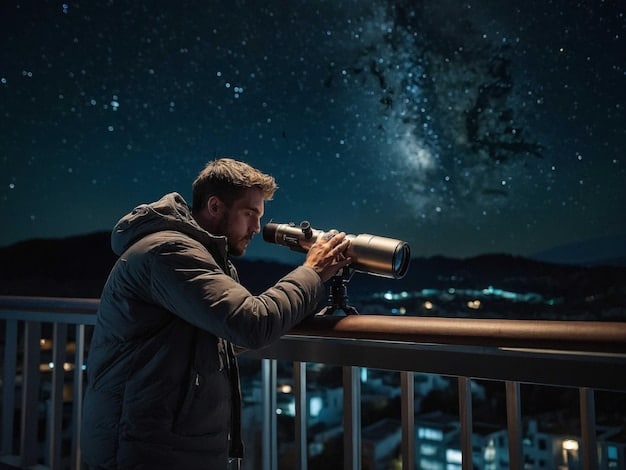 A person is shown looking through a powerful amateur telescope in their backyard at night. In the background, there's a clear night sky with visible stars and a faint Milky Way.