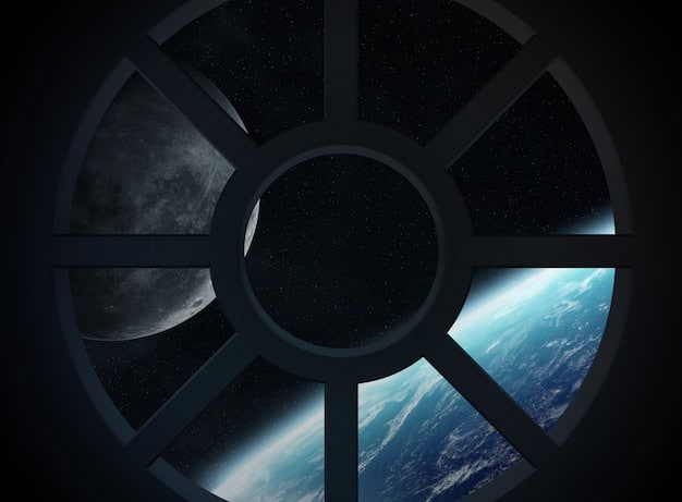 A digital render of the Gateway lunar orbital outpost, with Earth visible in the background and a tiny Orion spacecraft approaching it, symbolizing future lunar missions.
