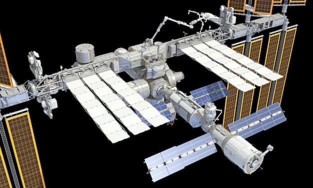 A detailed rendering of a conceptual space refinery orbiting an asteroid, showing various modules for processing raw materials, with solar panels extending outwards.