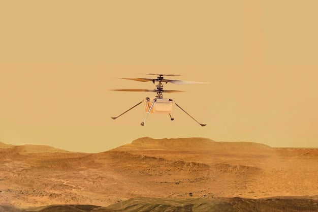 A drone-like view of the Ingenuity helicopter flying alongside the Perseverance rover, showcasing the vast, ancient Martian landscape.