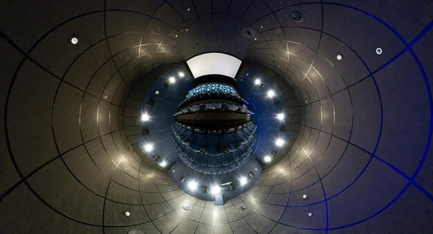 A futuristic artist's impression of a massive, next-generation ground-based optical telescope with a segmented mirror, featuring a sleek, modern design. The night sky above it is filled with stars and nebulae, and a faint glow from a distant exoplanet is visible in the background, hinting at its advanced capabilities.
