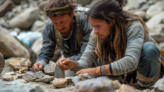 Archaeologists carefully examining artifacts unearthed at a dig site in North America, with a focus on ancient pottery fragments and stone tools, under a bright sun.