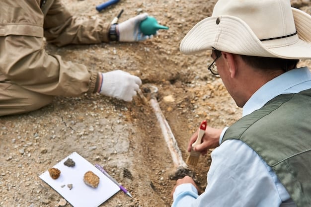 An archaeologist carefully sifting soil at an excavation site, with a carbon-14 dating lab in the background, illustrating the connection between fieldwork and advanced scientific analysis.