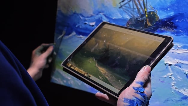 A digital forensic expert using a tablet to analyze high-resolution images of an archaeological artifact and overlaying spectral data, showing digital graphs and analysis results.
