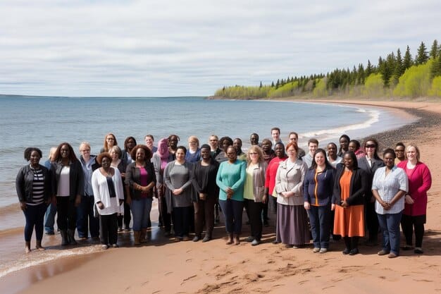 A group of diverse individuals, including Indigenous elders and younger researchers, gathered around a large map or blueprint, pointing and discussing, symbolizing collaborative planning and knowledge sharing in a respectful outdoor setting.