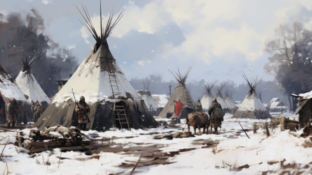An artistic rendering of a bustling ancient Native American village with people engaged in various activities related to food: grinding corn, smoking fish, tending small garden plots, and preparing meals over open fires. The scene is vibrant and detailed, set against a natural landscape.