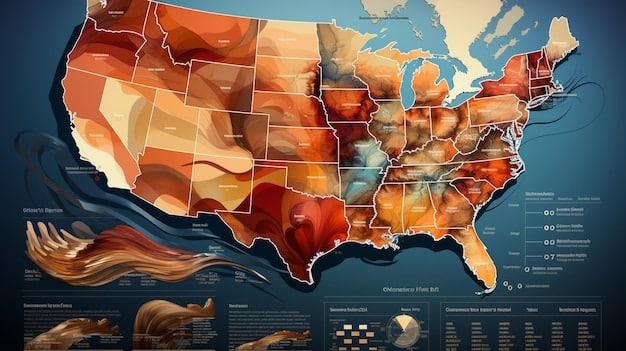 A detailed map of the US with several highlighted regions indicating active citizen science archaeology projects, each with small icons representing different types of finds or activities (e.g., prehistoric sites, battlefield surveys, urban archaeology).