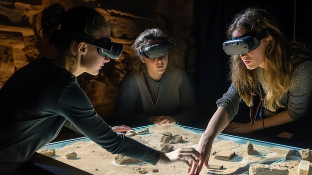 A digital archaeologist collaborating with a historian, both wearing VR headsets, analyzing a complex 3D virtual model of a multi-storied ancient Pueblo cliff dwelling, discussing structural details.