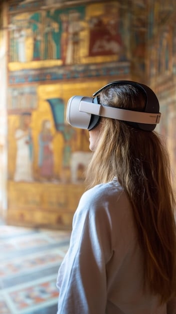 A detailed, high-resolution 3D virtual tour of the interior of an ancient Mayan pyramid, showing hieroglyphic carvings and a ceremonial chamber, viewed through a modern VR headset.