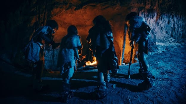 Archaeologists meticulously sifting through soil at an excavation site, revealing pottery fragments and metal tools. The scene is illuminated by natural light, showing focused researchers.