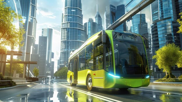 A modern electric bus driving through a city street with skyscrapers in the background, showcasing the modernization of public transit with electric vehicles under the US Infrastructure Bill: What Are the Key Projects and Expected Completion Dates?.