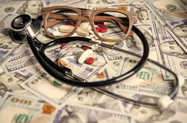 A close-up of a medical bill with various coins and dollar bills scattered around it, symbolizing the financial burden of healthcare costs and the importance of affordable insurance. The image focuses on the numbers and the concept of balancing healthcare expenses.