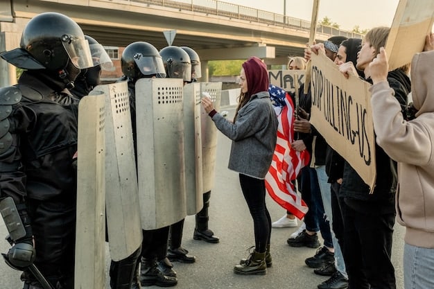 An image showing asylum seekers at a US border crossing, undergoing initial processing by immigration officials. The atmosphere is one of tension and hope. The image is a visual representation of the human impact of What's the Latest on US Immigration Policy and Border Security Measures?