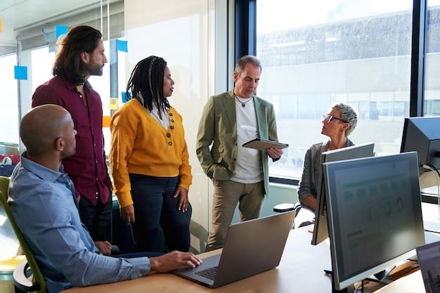 An image of a diverse group of professionals working in a tech company in the US, representing the beneficiaries of the H-1B visa program. The atmosphere is collaborative and innovative. The image aims to symbolize the positive contributions of skilled immigrants to the US economy, amidst discussions of What's the Latest on US Immigration Policy and Border Security Measures?