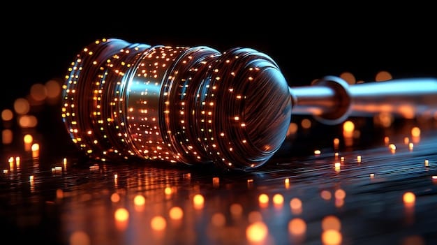 A gavel hitting a sound block, with binary code subtly visible in the background, symbolizing the legal and technological aspects related to What Are the New Regulations on US Tech Companies and Data Privacy?.