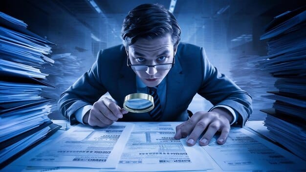 A person reviewing a long document with a magnifying glass, with various tech gadgets scattered around, representing the effort required to understand What Are the New Regulations on US Tech Companies and Data Privacy?