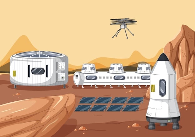 A detailed illustration of the planned Artemis lunar base, showing habitats, research facilities, and rovers exploring the surface, highlighting the long-term vision of the US Space Program.