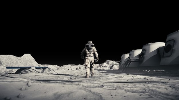 An astronaut working on the lunar surface next to a habitat module, wearing an advanced space suit and using a robotic arm, demonstrating the technological advancements and resource utilization aspects of the mission.